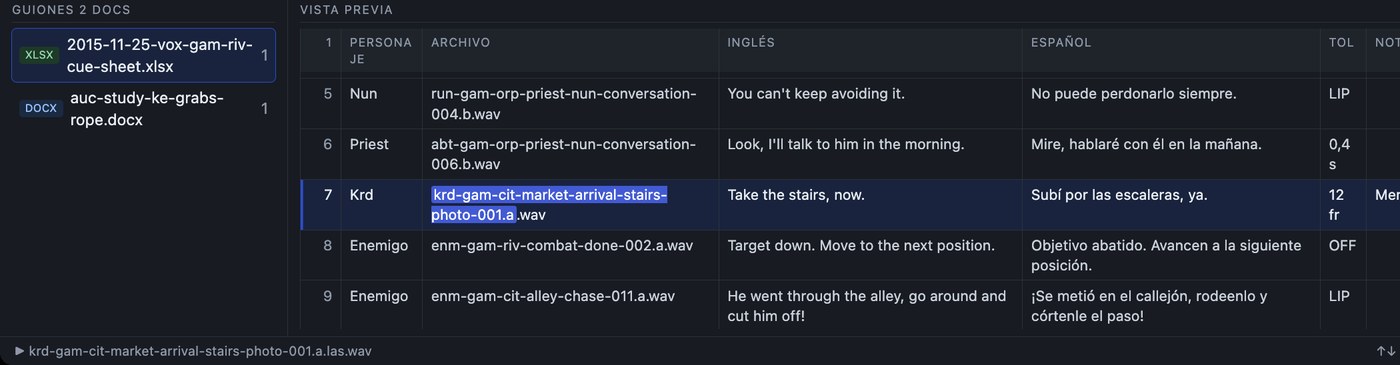 Script panel with column role assignment for the imported cue sheet