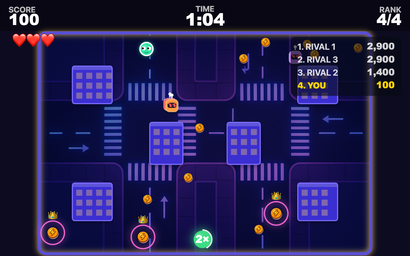 Chase engine in play: product domination in a neon city with a live rival scoreboard and crowned product of the day