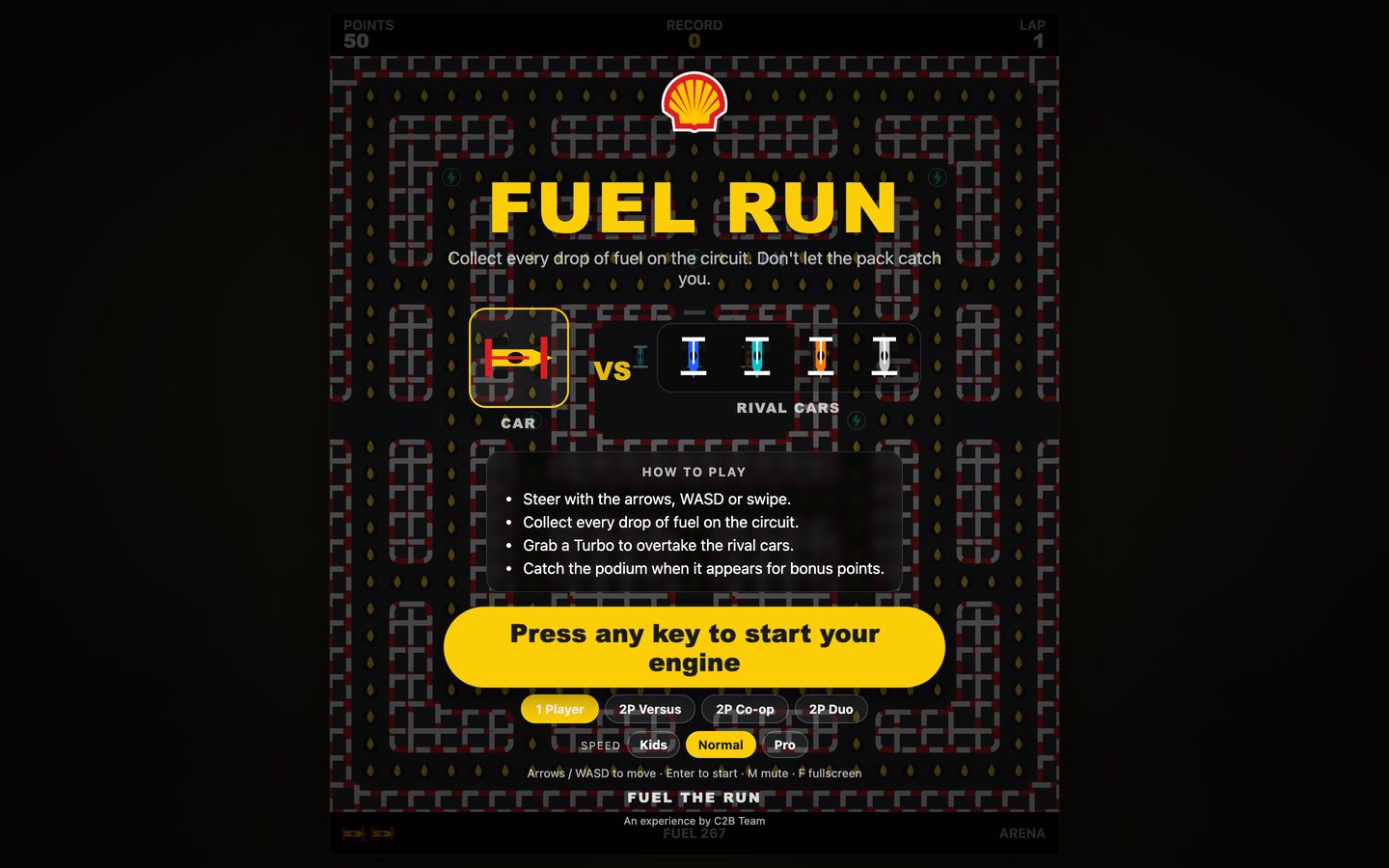 The same engine skinned as a racing fuel run with its own vocabulary and colors