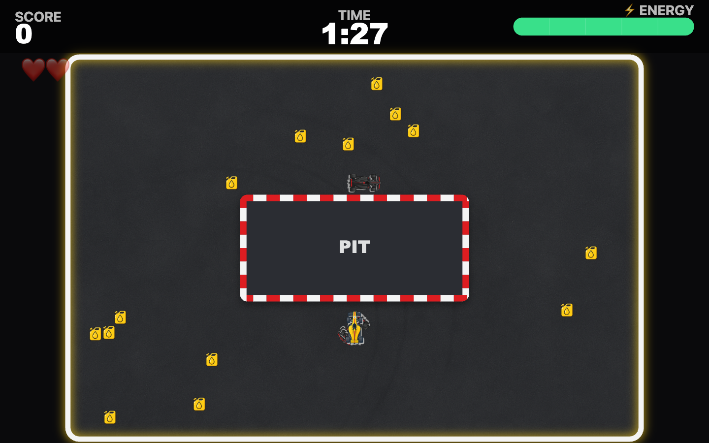 Chase engine in play: energy-management race on a track with a pit lane, fuel pickups and an energy meter