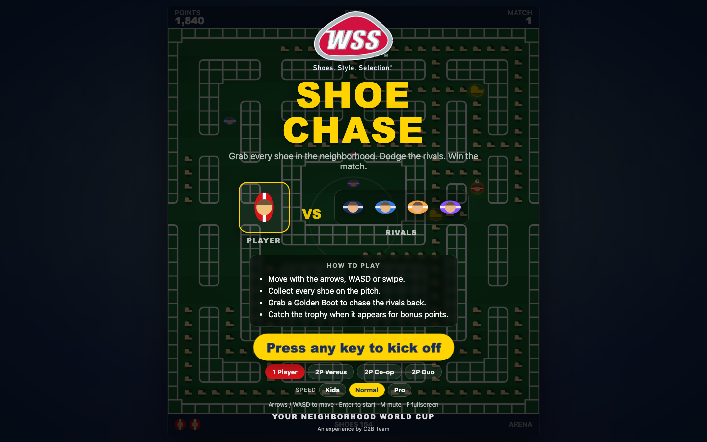Branded attract screen for a footwear campaign: soccer maze, play modes and difficulty presets