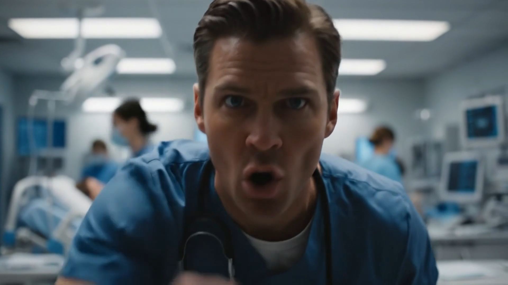 Code Blue intro film: an ER doctor in scrubs rushing toward the camera in an emergency room