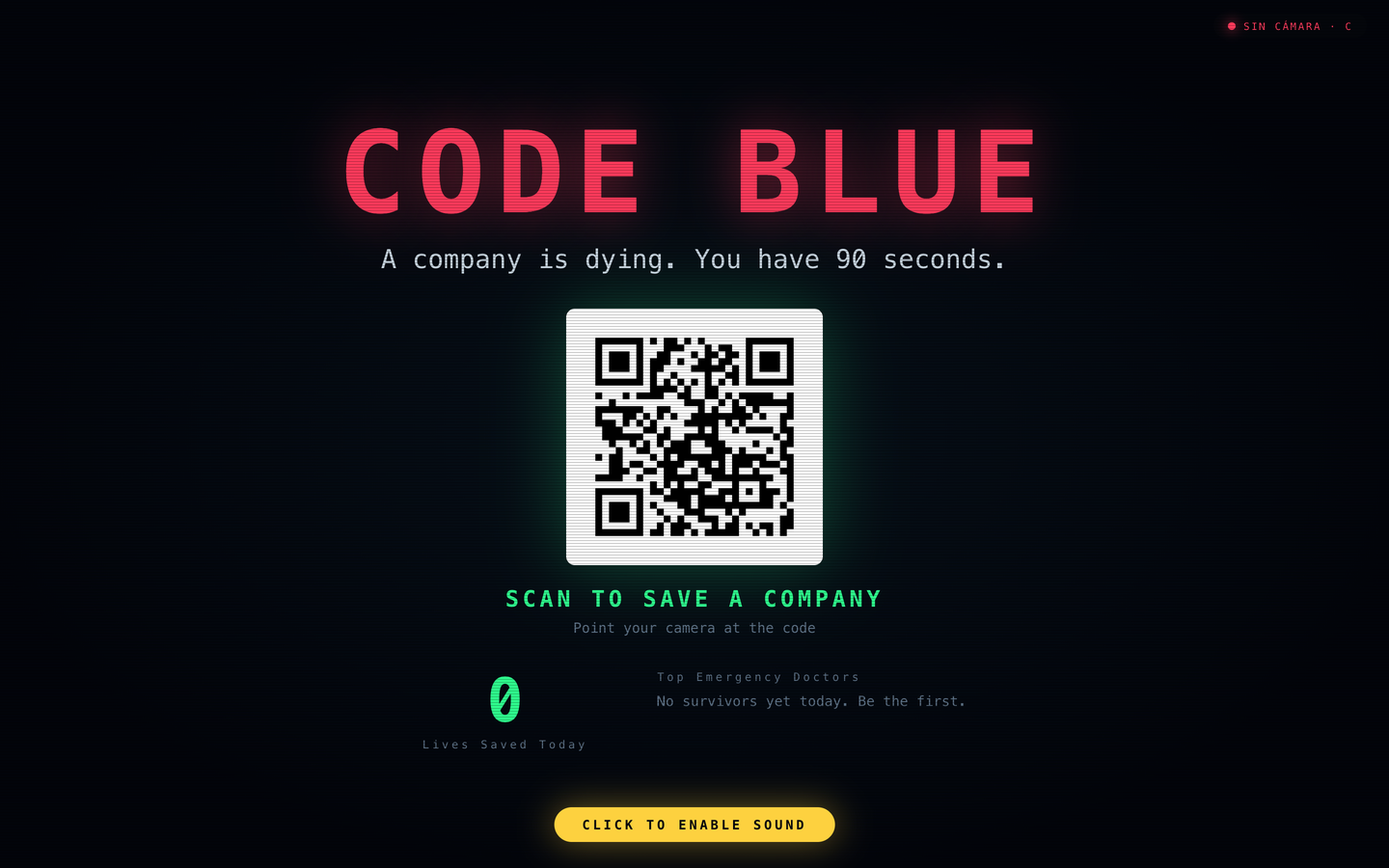 Attract screen: CODE BLUE, a QR to scan, and the Lives Saved Today counter