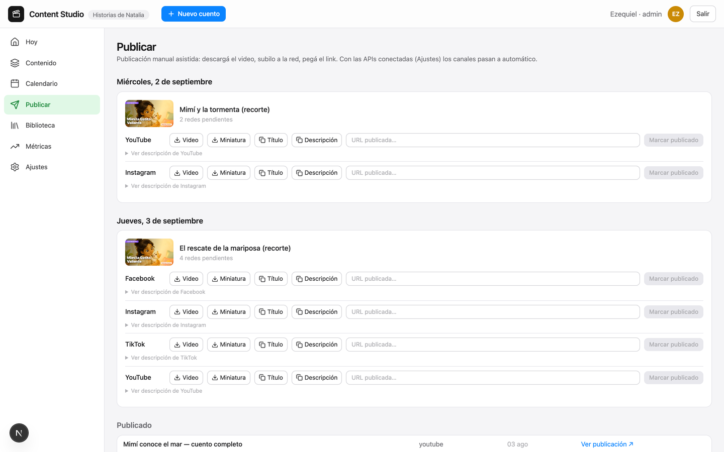 Publishing queue with daily slots per channel in assisted-manual mode