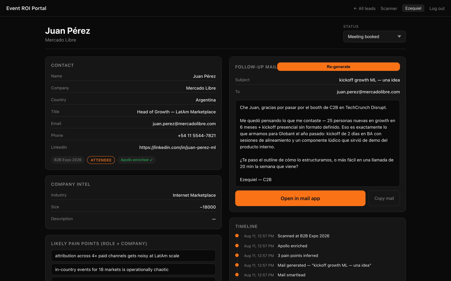 Lead detail: enriched contact, company intel, inferred pain points and a drafted Spanish follow-up email