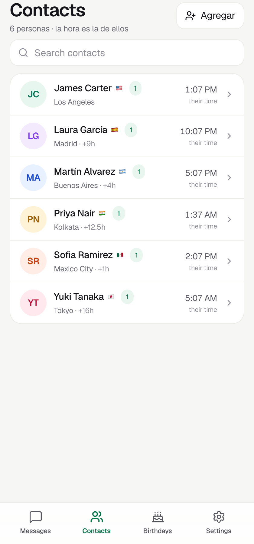 Contact list with a live local clock per contact across six timezones