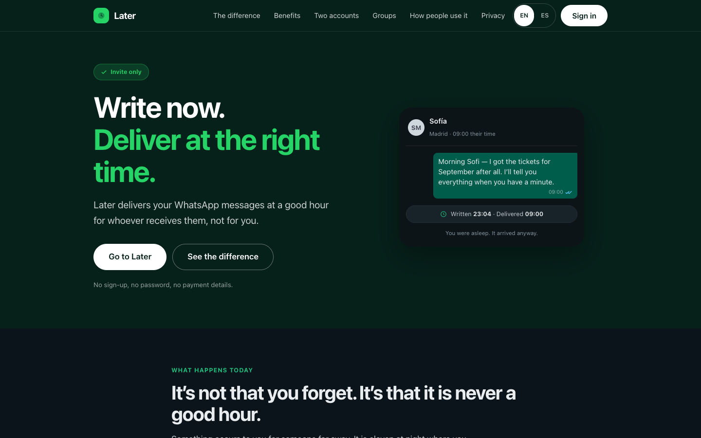 Later: write now, deliver at the right time — a WhatsApp message written at 23:04 and delivered at 09:00 in the recipient's timezone