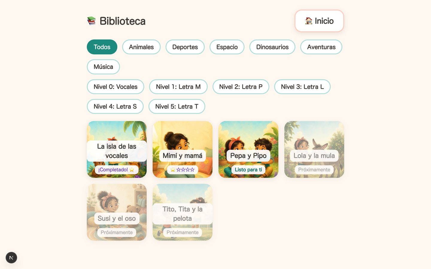 Illustrated story library with theme and level filters and per-story states