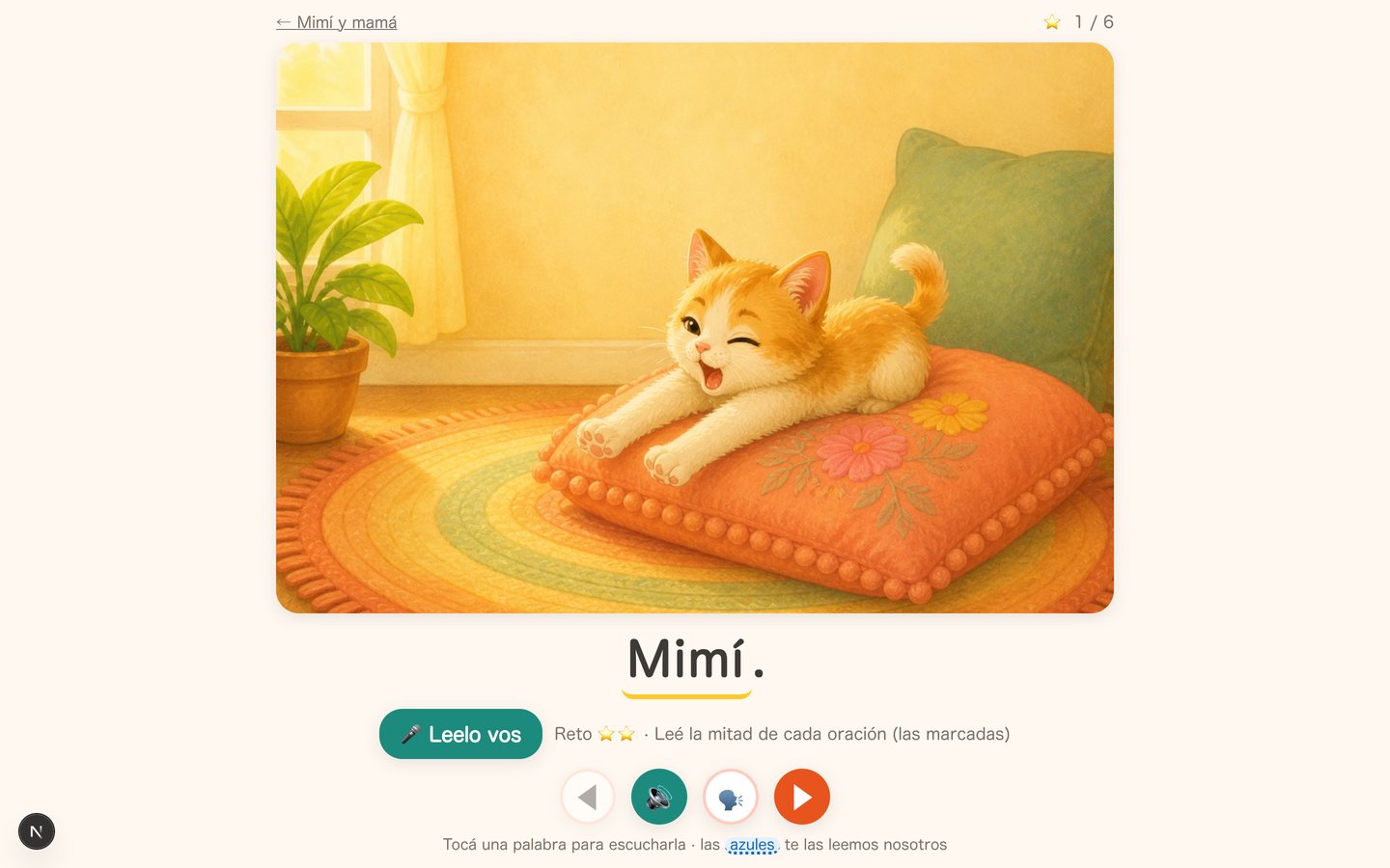 The reader mid-story: full-page illustration with the highlighted word