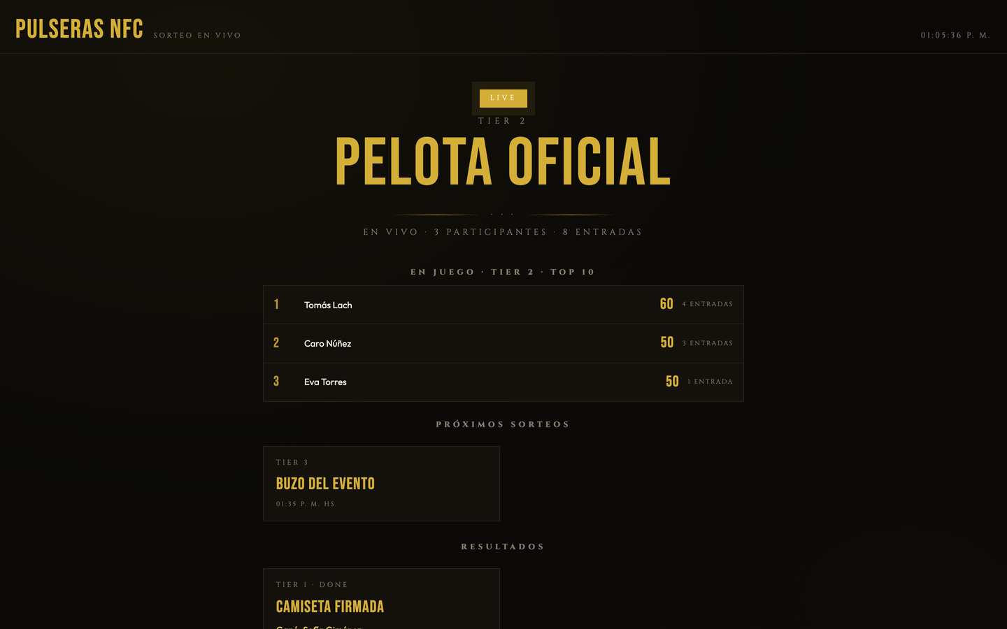 Live draw screen: prize tier in play, participant entries and upcoming draws
