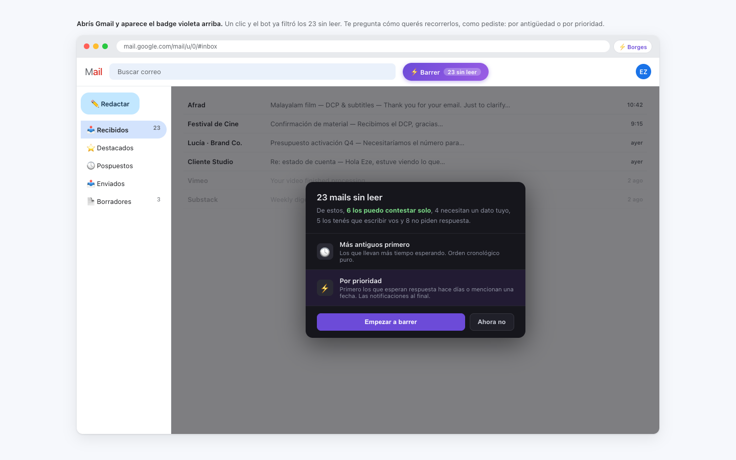 Inbox assistant classifying 23 unread mails into auto-draft, ask-me and needs-a-human